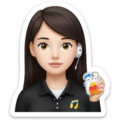 Girl with long dark brown hair with airpods wearing a black wegmans grocery store polo sticker