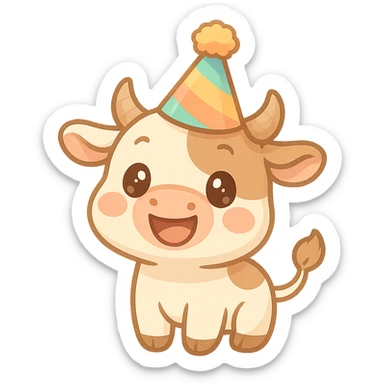 a happy cow in a party hat with a festive vibe sticker