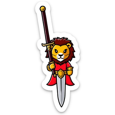 gold colored long sword with deep red handle and a gold lion on the end of the handle sticker