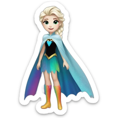 Elsa from Disney wearing a Halloween Batman costume and rainbow shoes sticker