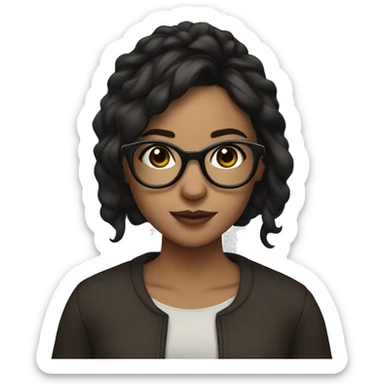 Girl with big black glasses, dark brown long slightly wavy hair, big brown doe eyes and long lashes sticker