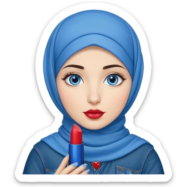 Turkish beautiful finish Konya girl blue eyes with blue denim hijab islamic dress and had on her hand ysl lipstick  sticker