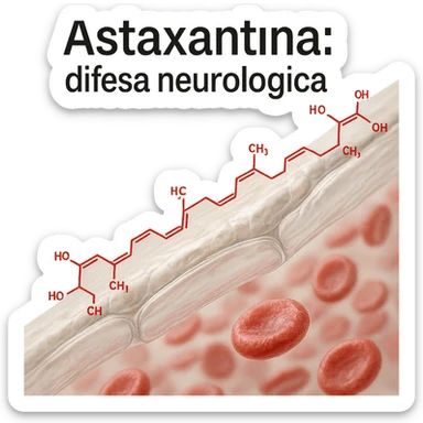 hyper realistic red astaxanthin molecule highlighted crossing a transparent blood-brain barrier, clinical atmosphere, light background, with text 'Astaxantina: difesa neurologica' sticker