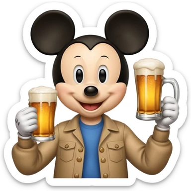 Mickey Mouse holding a beer sticker