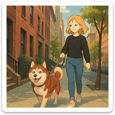 Cute Blonde woman wearing a black sweater and jeans and white sneakers walking a happy red-brown blue-eyed Siberian husky in New York City on an upper east side city sidewalk  sticker