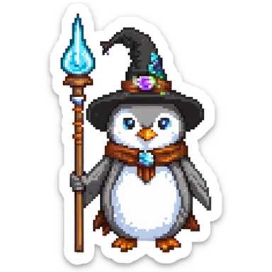 penguin wizard with a pointy hat and magic staff sticker