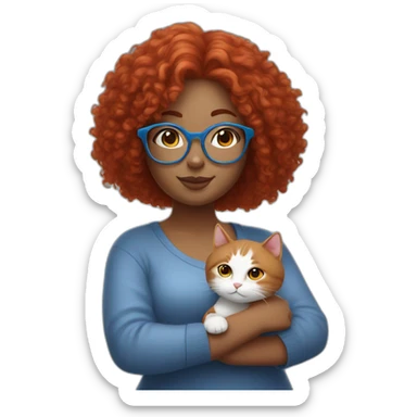 a curvy girl with red curly hair and blue glasses with a white and gray cat in her arms sticker