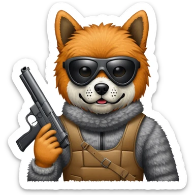 dog wearing a ski mask holding a gun sticker