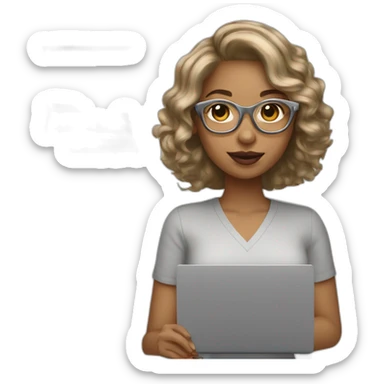 light skin dark blonde girl with bob wavy hair in glasses silver color glasses holding laptop sticker