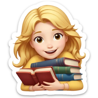 Cinematic Adorable Belle Portrait Emoji, Giggling as she hugs a stack of books, eyes twinkling with excitement, golden hair tousled slightly, a perfect mix of beauty and endearing nerdiness! sticker
