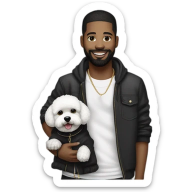 young-rapper-with hoop-white skin-black hair-beard-bichon dog-white-smile sticker