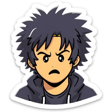 Wild artist with messy hair and dramatic expression, chaotic creative energy, surrounded by intense hellish artwork sticker