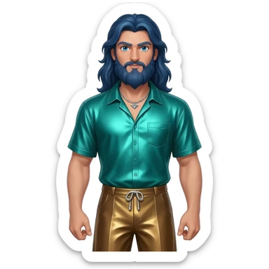 Poseidon from Greek Mythology with blue eyes, long dark blue hair, sea green metallic shirt, bronze metallic baggy pants, silver necklace sticker