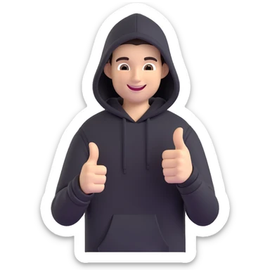 person in black hoodie giving a thumbs up, smiling, 3D style sticker