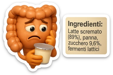SU QUESTO STILE FAI UN EMOJI STILE IPHONE 3D DI UN INTESTINO CHE HA IN MANO UN BARATTOLO DI YOGURT CONFEZIONATO DA SUPERMERCATO E LEGGE L'ETICHETTA NUTRIZIONALE CON GLI INGREDIENTI IN ITALIANO, ACCANTO ALLO YOGURT CHE HA IN MANO C'è UN FOCUS SULL'ETICHETTA CON GLI INGREDIENTI SCRITTI, FAGLI UN ESPRESSIONE CONFUSA MENTRE LEGGE E FALLO MOLTO REALISTICO IN 3D sticker