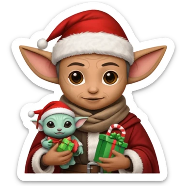 mandalorian holding grogu wearing santa hat sticker