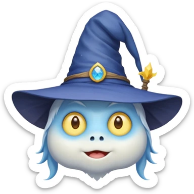 cute monster with white body, yellow tail, wearing blue sky witch hat. the face facing the front towards the 4th wall sticker