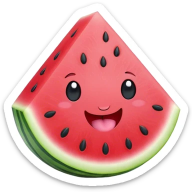 Cute Kawaii Watermelon Slice, juicy and vibrant, soft pastel green rind with pink flesh, tiny black seeds shaped like hearts, an adorable happy face with cute round eyes, bursting with summer energy! sticker