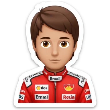 Man, brown eyes, brown silky hair, lightly tanned, wearing a formula one outfit sticker