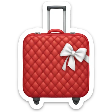 Red quilted luggage with a white bow  sticker