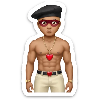 LL Cool J with black hat, metallic ivory pants, shirtless with necklace with red heart sticker
