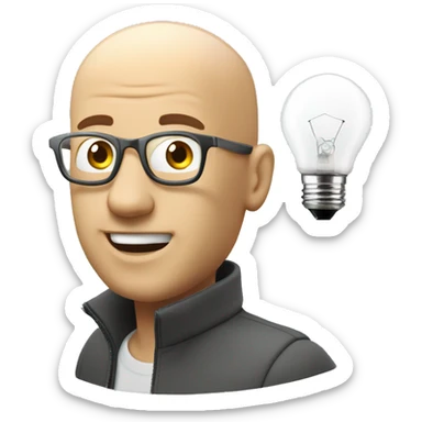 bald guy with light bulb hover over his head using a pc editing on after effect making some 3d edit sticker