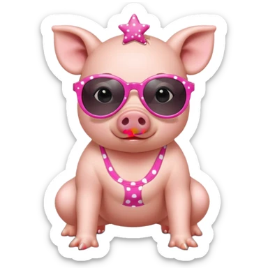 cute pig wearing cool star shaped sunglasses and polka dotbathing suit on all fours  sticker