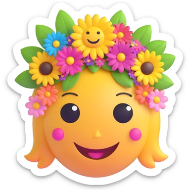 3D smiley emoji, large eyelashes, girly, colorful floral headpiece, happy sticker