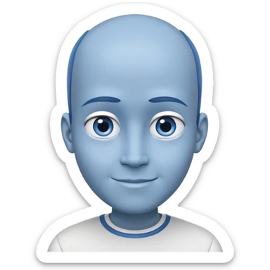 Close-up of a blue-skinned person with an oversized head and large forehead, looking extremely intelligent. He has a friendly and slightly clever smile. Wearing modern, minimalist blue and white clothing. Clean, futuristic style sticker