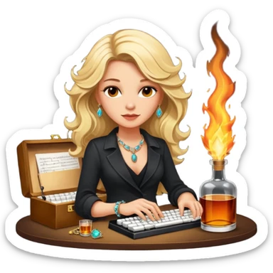 A sketchnote illustration rendered in a strong moody style, featuring a blonde woman with cascading gorgeous hair, a keyboard, a whiskey bottle, a key, a jewelry box, and fire elements against a black background. The lighting is low with low contrast, emphasizing dramatic shadows. sticker