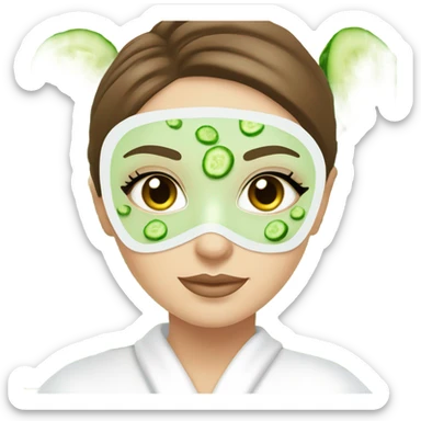 White girl with Brown hair and blue eyes wears a Green colored skincare clay textured mask and puts on cucumbers around her eyes while She relaxes in her white Robe sticker