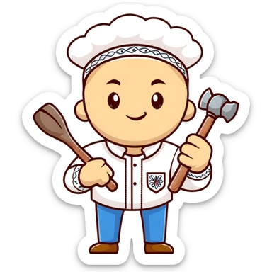 Ukrainian man wearing traditional white embroidered shirt (vyshyvanka) holding a hammer in one hand and a kitchen ladle in the other hand sticker