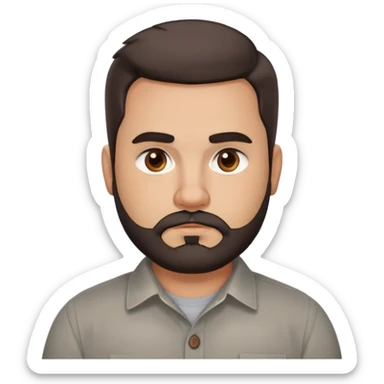 Stocky approachable man with light brown complexion, round friendly face, full cheeks, kind dark eyes, thick eyebrows, wide nose, medium lips with warm expression, short well-maintained full beard, short dark hair with simple cut, wearing a gray casual button-up shirt sticker