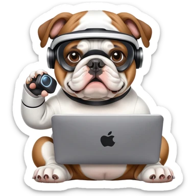 English bulldog, wearing a computer suit sticker