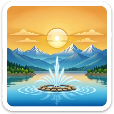 Please generate an image of a sunrise illuminating a lake with a huge water jet like that in the Geneva lake and some mountains in the background. sticker