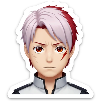 Shoto Todoroki face only, left side white hair, right side red hair, heterochromatic eyes, burn scar on left side of face, serious expression sticker