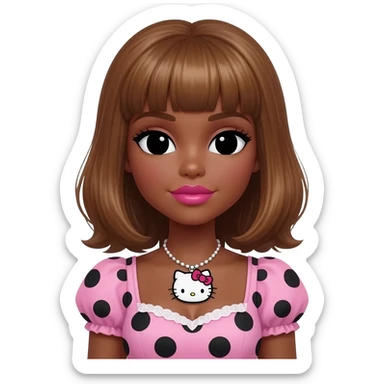 Doll faced shaped, hello kitty necklace, bimbo, black doll eyes, Big lips barbie, dark brown skin with honey brown hair, bimbocore outfit light pink and black polkadots sticker