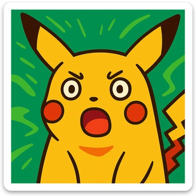 shocked Pikachu, vibrant colors, anime style, exaggerated surprise, green background sticker
