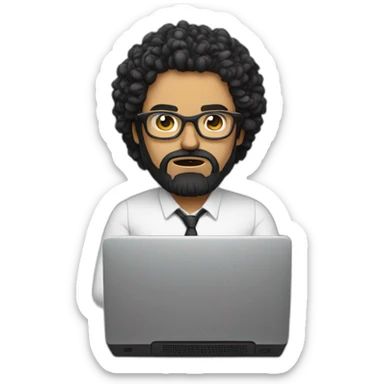 angry men with black curly hair and beard with golden glasses working on computer sticker