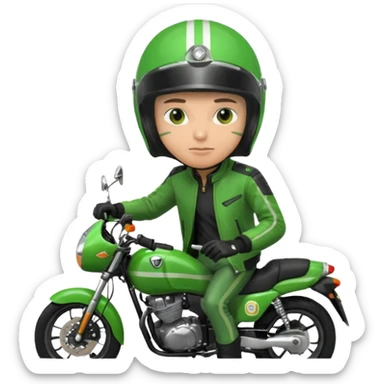 ojek online driver, using motorbike, the helmet is green. green jacket, not green motorbike (maybe a black jacket with green stripes just a little) then please make the driver not looking at "camera",  sticker
