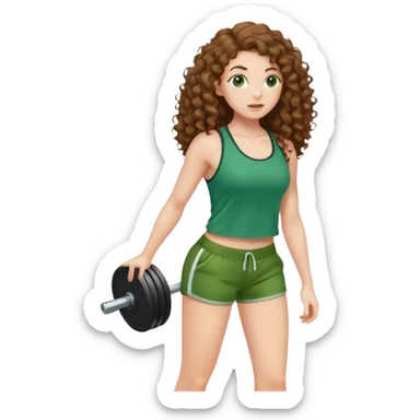 white girl with long brown curly hair in green top and shorts holding weight on her back sticker