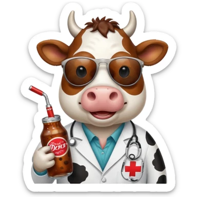 Cow wearing sunglasses holding a doctor pepper sticker