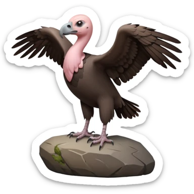 a vulture — large bird with dark brown feathers, bald pinkish head, curved beak and sharp eyes — standing proudly on a rock — wings slightly open — realistic yet cute cartoon emoji look, clean lighting, soft shadows. sticker