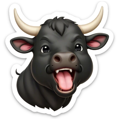 Cinematic Cute Yawning Black Bull Portrait Emoji, Head tilted slightly with a dramatic, wide-open yawn, showcasing a smooth, pure black hide with a subtle texture, floppy ears slightly drooping, round dark eyes barely open in drowsy contentment, Simplified yet irresistibly adorable features, highly detailed, glowing with a soft, cozy glow, high shine, relaxed yet expressive, stylized with a touch of rugged whimsy, bright and endearing, soft glowing outline, capturing the essence of a sleepy yet affectionate guardian, so drowsy it feels like it could charge right out of the screen and curl up for a nap! sticker