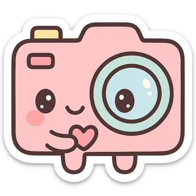 a camera kawaii style smiling holding a tiny heart sticker