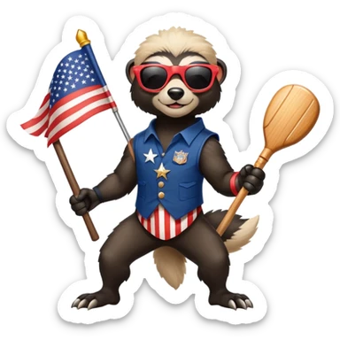 friendly anthropomorphised honey badger in USA Independence Day outfit, wearing sunglasses, carrying a club, dynamic pose sticker