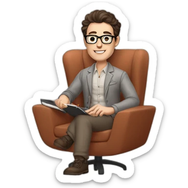 Pale skinned Fit Man With dark brown hair in gray jacket, beige office shirt, Terracotta pants and vintage glasses sitting In a soft chair with a notebook with emblem Ψ and a pen in his hands sticker