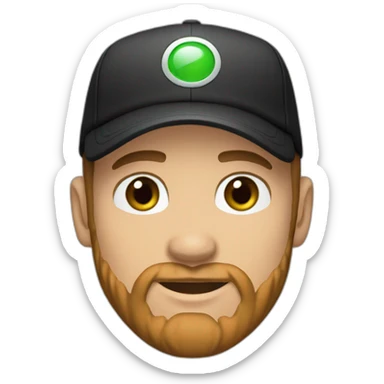 30 year old man, Caucasian light skin, green brown eyes, brown beard and a black cap sticker