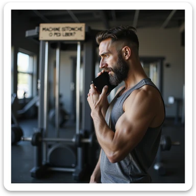 adult man in gym consulting phone in front of isotonic machine and free weights rack, indecisive expression, wearing sportswear, atmosphere of doubt, realistic details, sign with 'Macchine isotoniche o pesi liberi?' written, 4K quality sticker