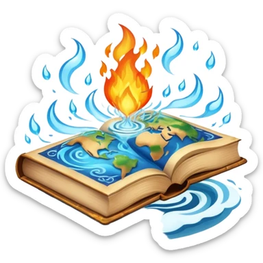 ancient book with elemental motifs, floating, with fire, water, earth, and air swirling around sticker